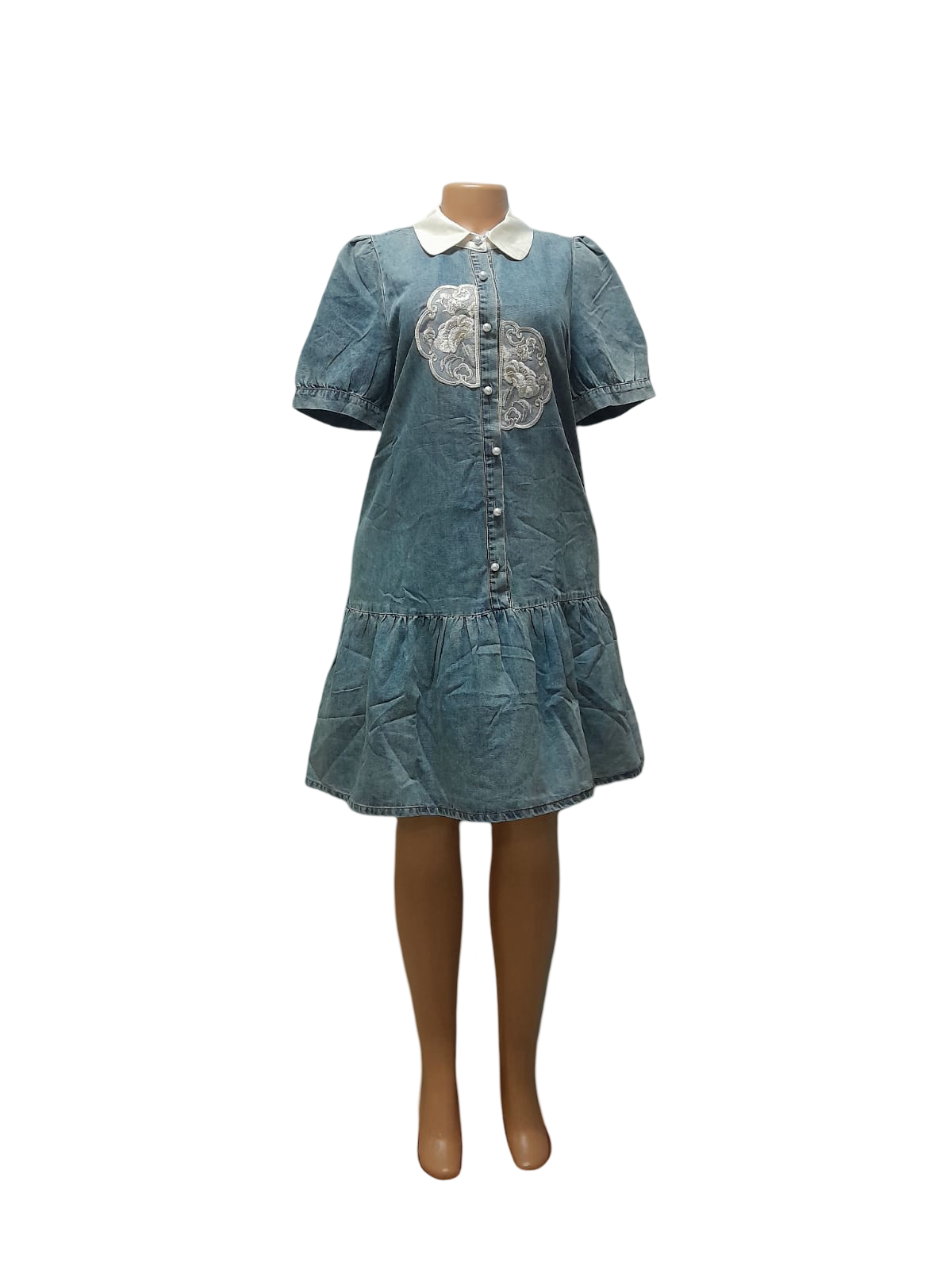 Embroidered Denim Shirt Dress – Button Front